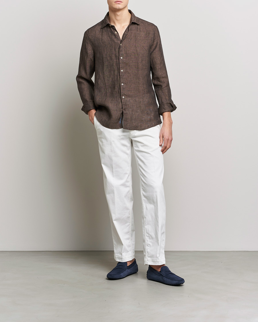 Homme | Chemises | Stenströms | Slimline Cut Away Linen Shirt Dark Brown
