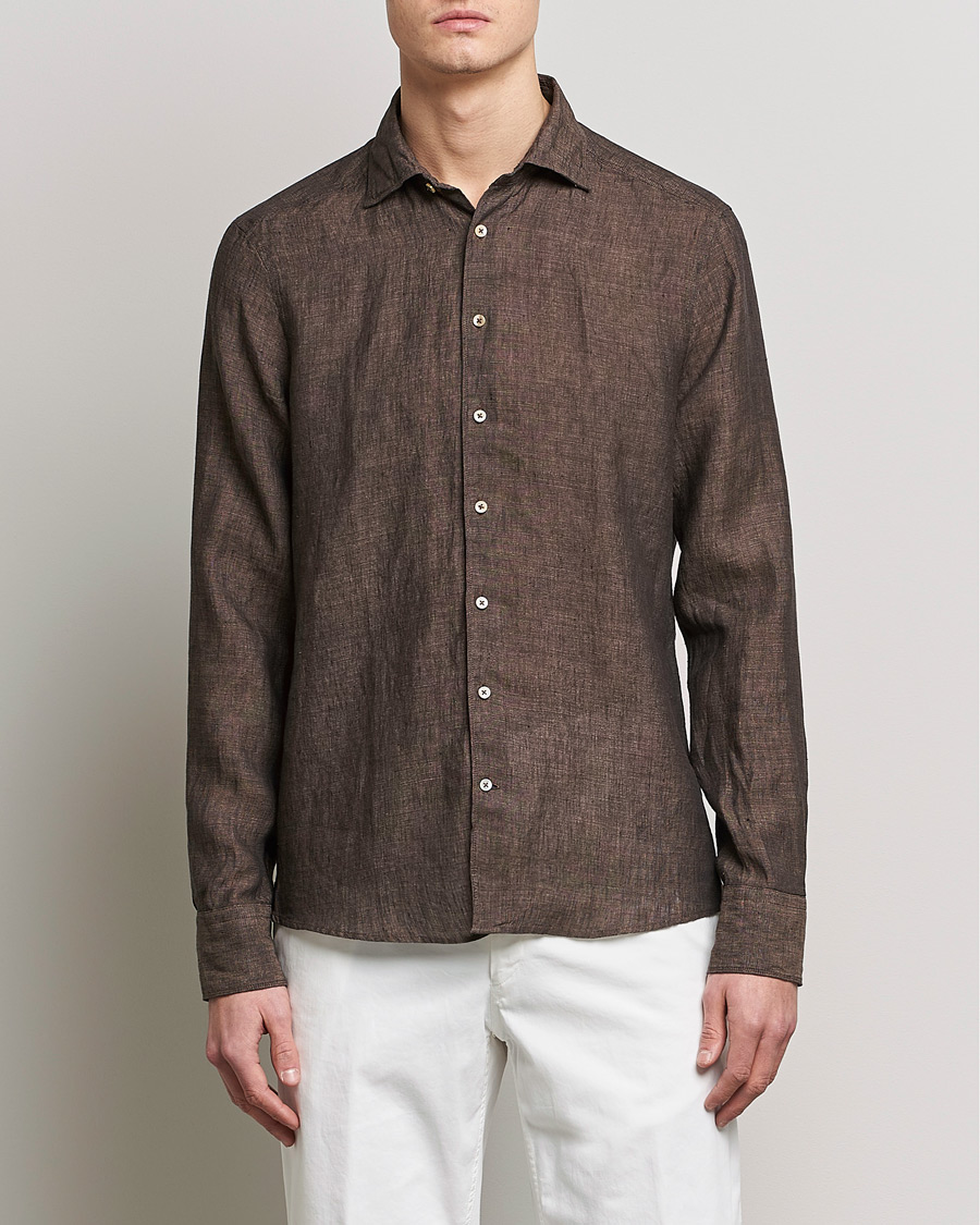 Homme | Chemises En Lin | Stenströms | Slimline Cut Away Linen Shirt Dark Brown