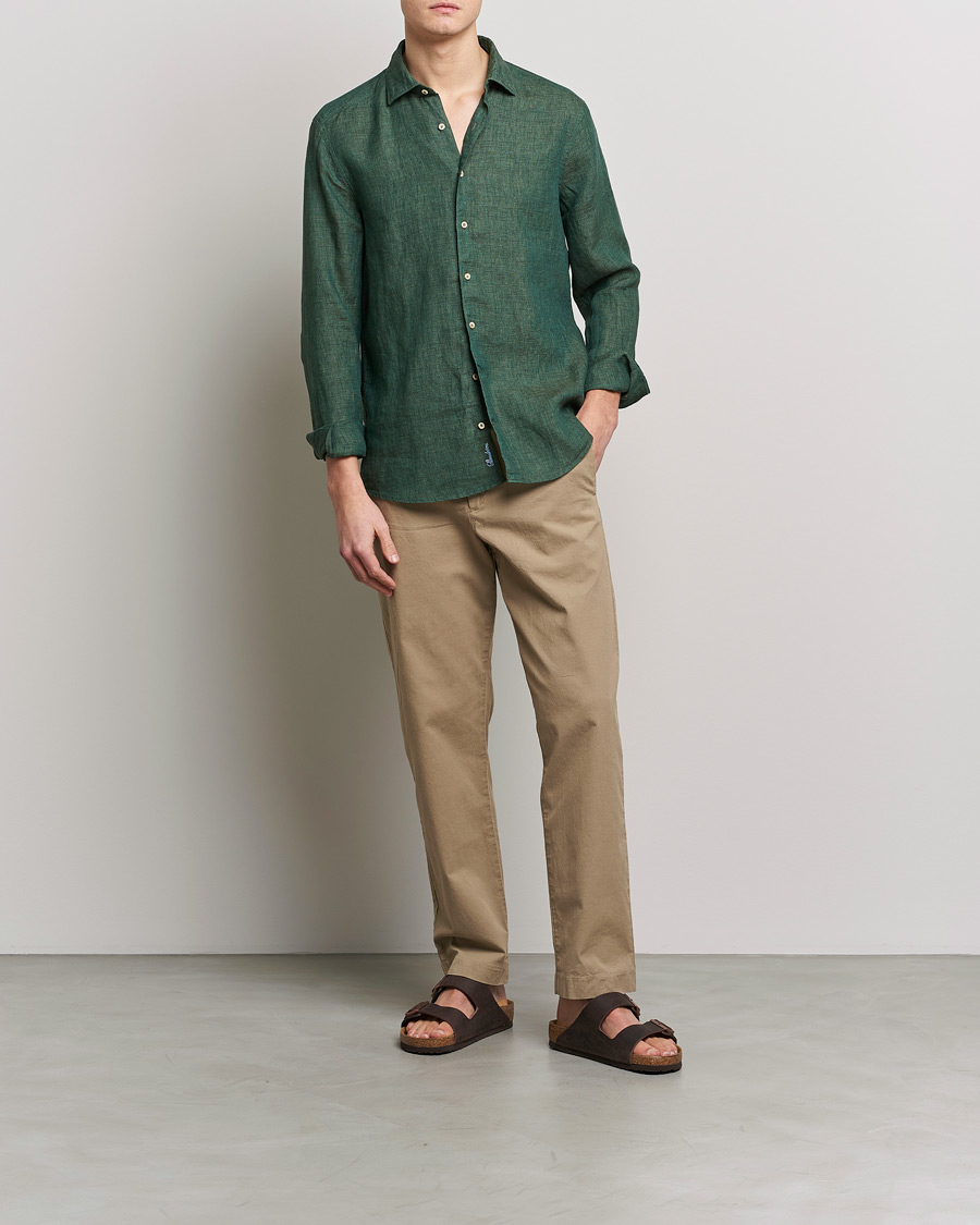 Homme | Chemises | Stenströms | Slimline Cut Away Linen Shirt Dark Green