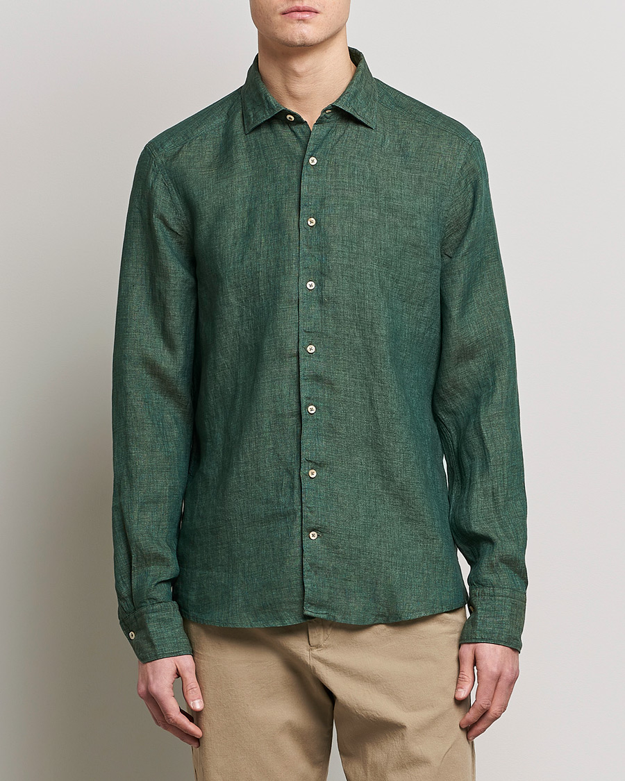 Homme | Chemises En Lin | Stenströms | Slimline Cut Away Linen Shirt Dark Green