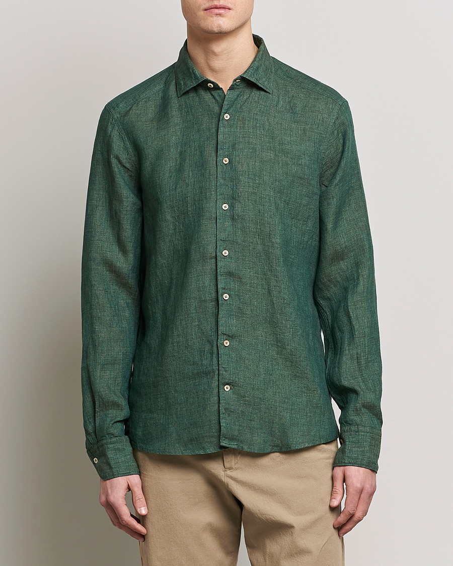Homme | Chemises | Stenströms | Slimline Cut Away Linen Shirt Dark Green