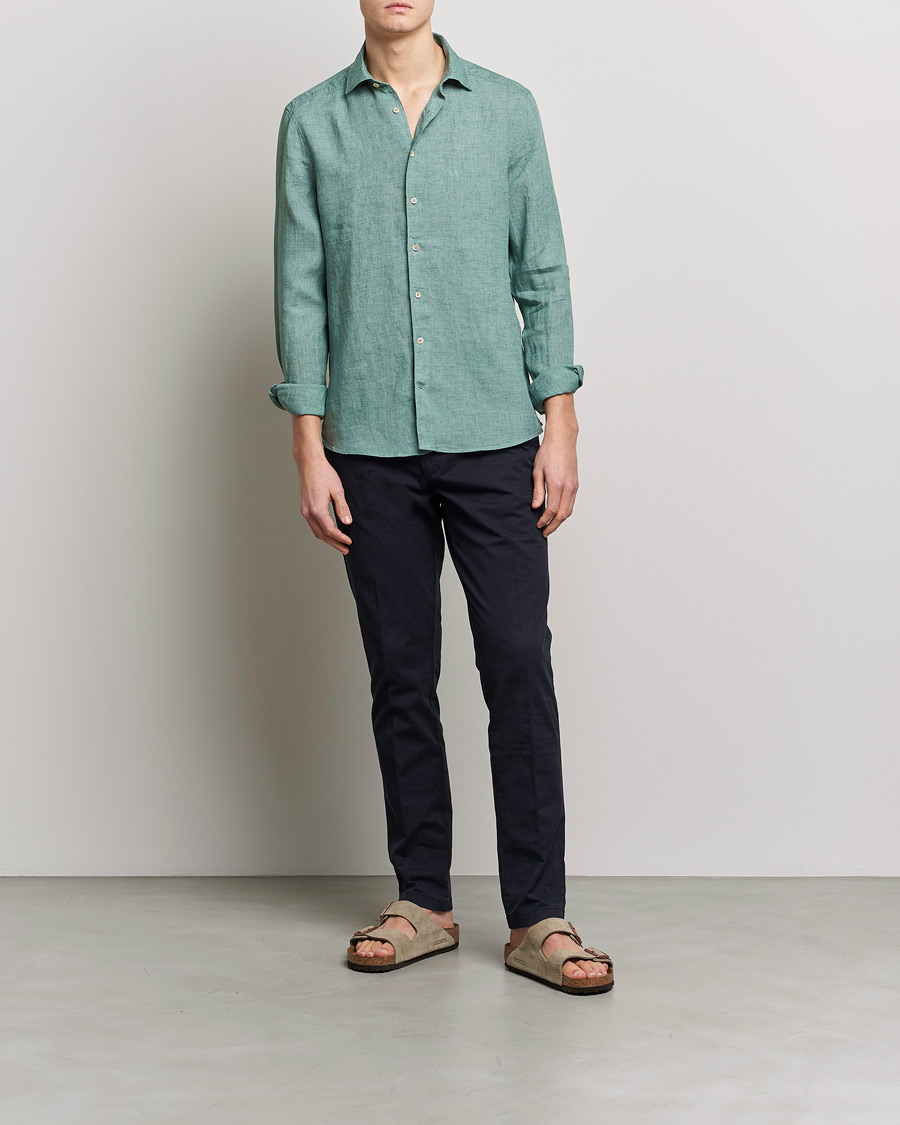Homme | Chemises | Stenströms | Slimline Cut Away Linen Shirt Deep Green