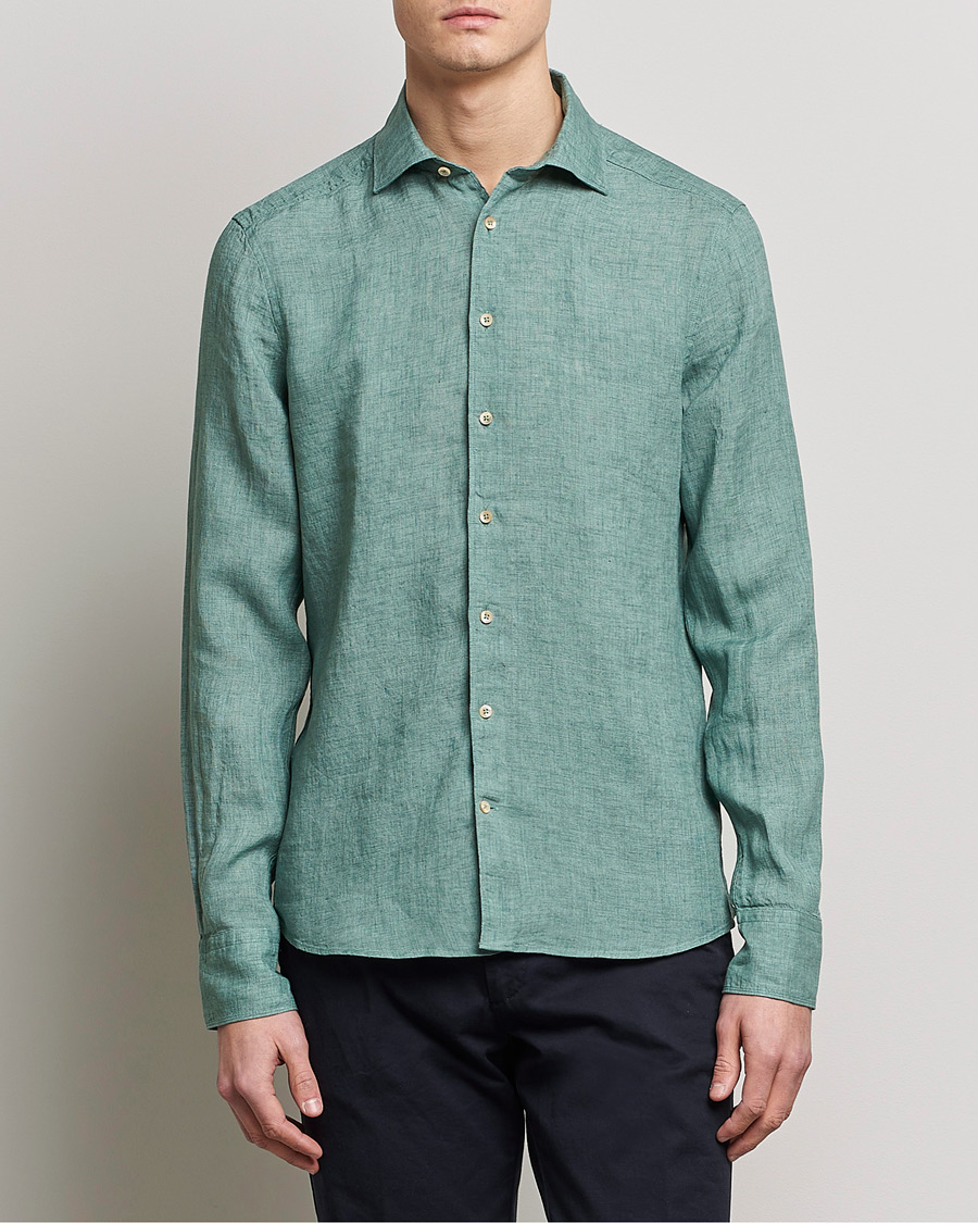 Homme | Chemises | Stenströms | Slimline Cut Away Linen Shirt Deep Green
