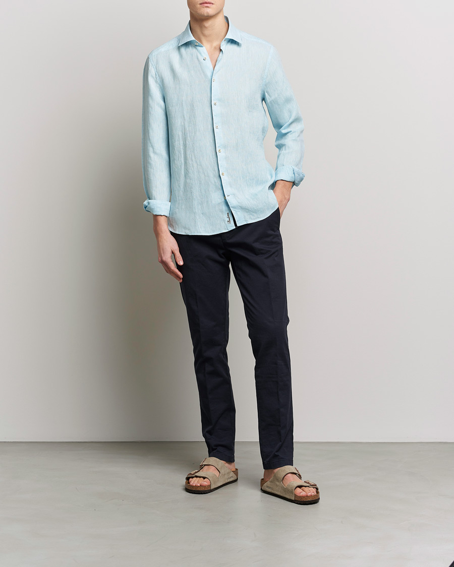 Homme | Chemises | Stenströms | Slimline Cut Away Linen Shirt Turqoise