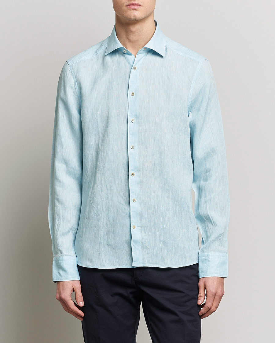 Homme | Chemises | Stenströms | Slimline Cut Away Linen Shirt Turqoise