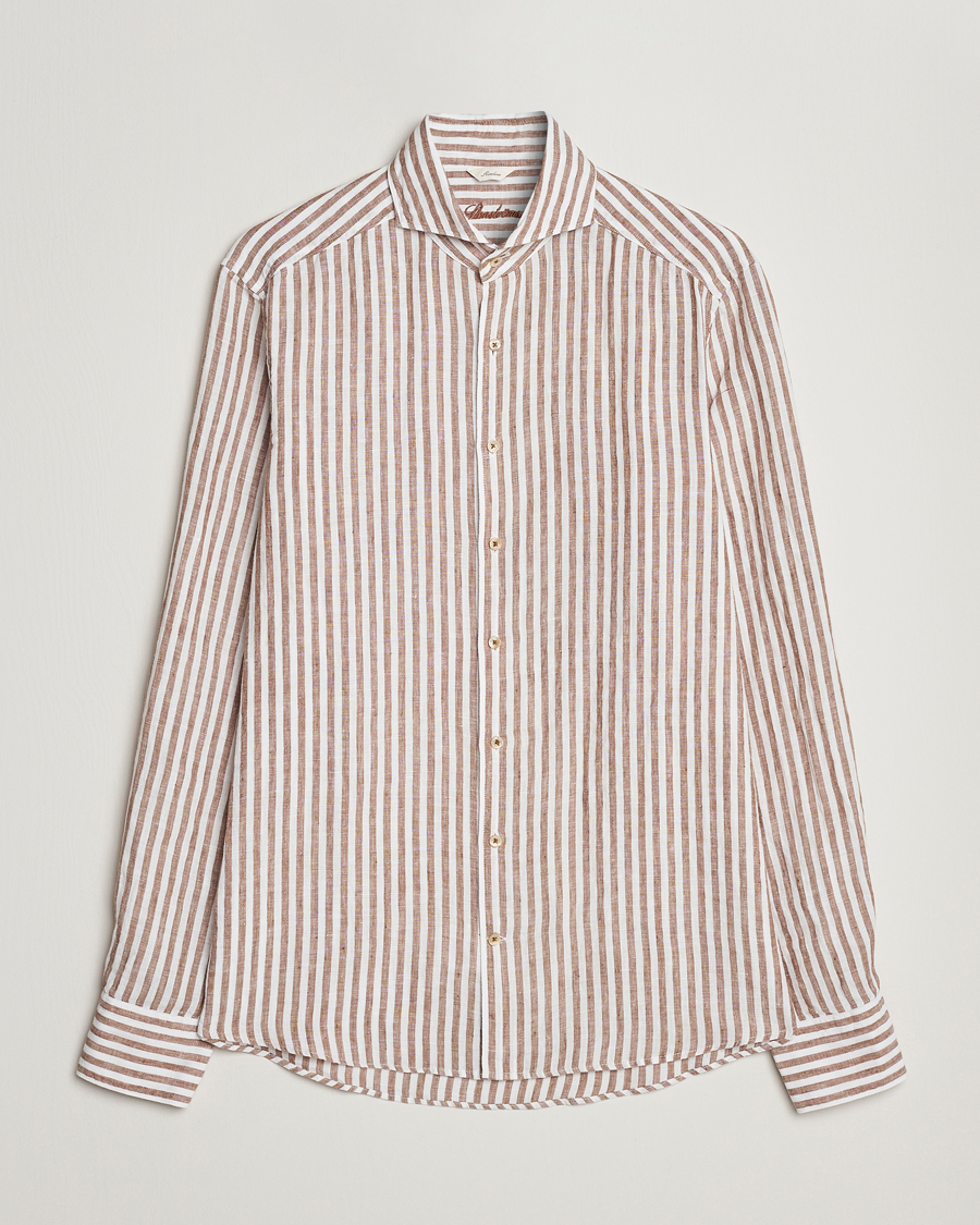 Homme | Chemises | Stenströms | Slimline Cut Away Striped Linen Shirt Brown