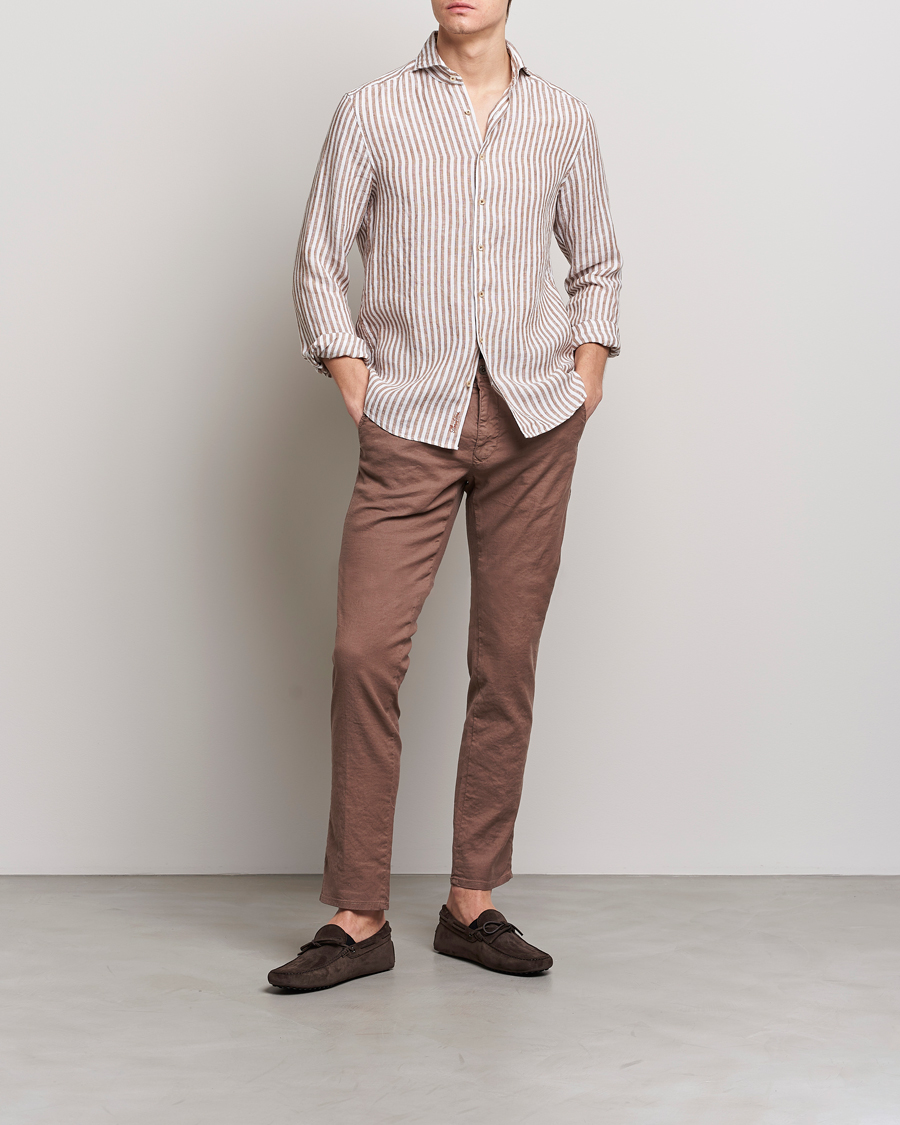 Homme | Chemises | Stenströms | Slimline Cut Away Striped Linen Shirt Brown