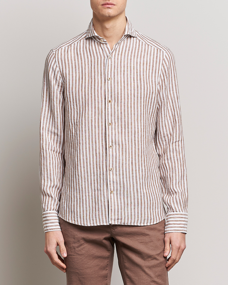 Homme | Chemises | Stenströms | Slimline Cut Away Striped Linen Shirt Brown