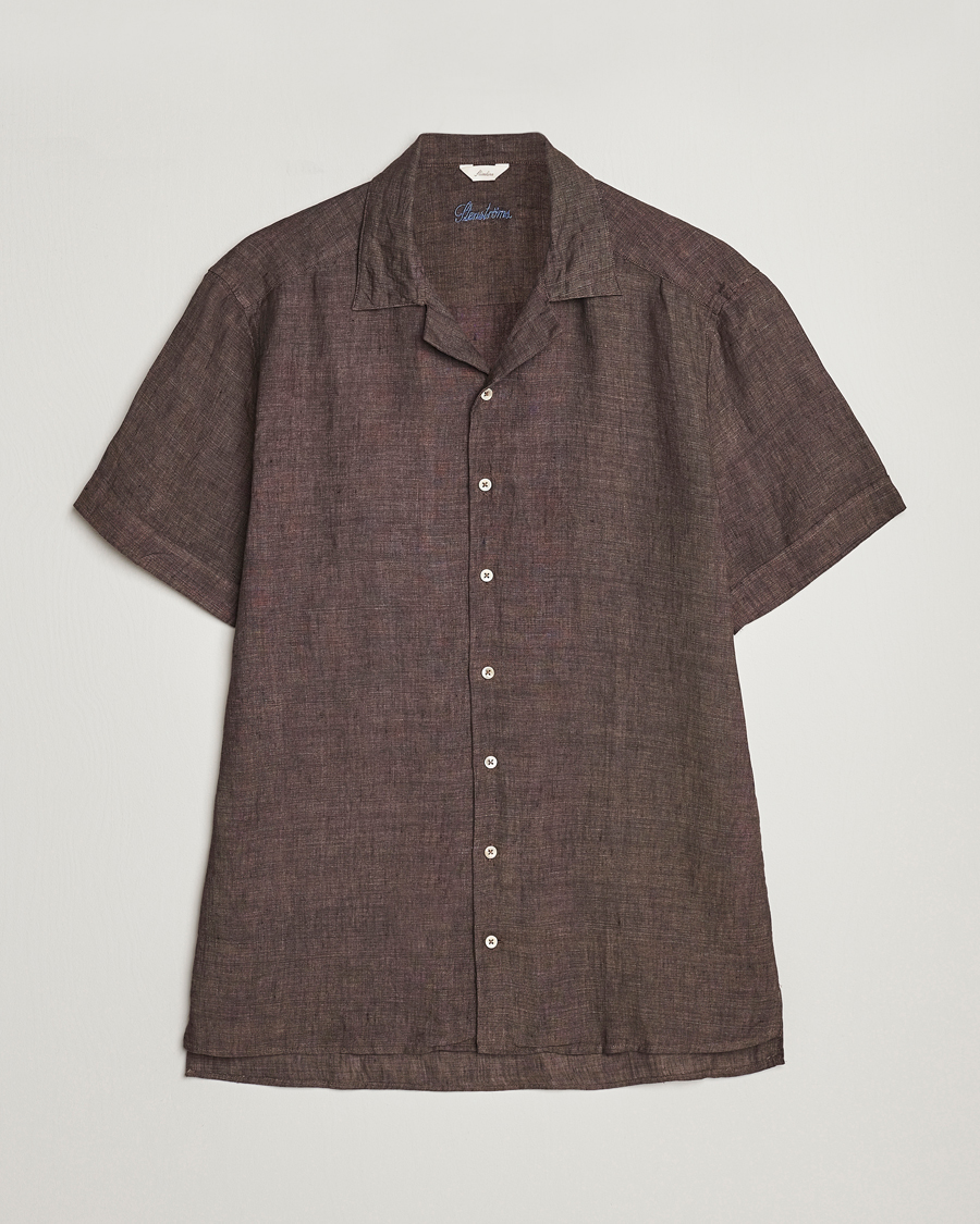 Homme | Chemises | Stenströms | Slimline Short Sleeve Resort Linen Shirt Dark Brown