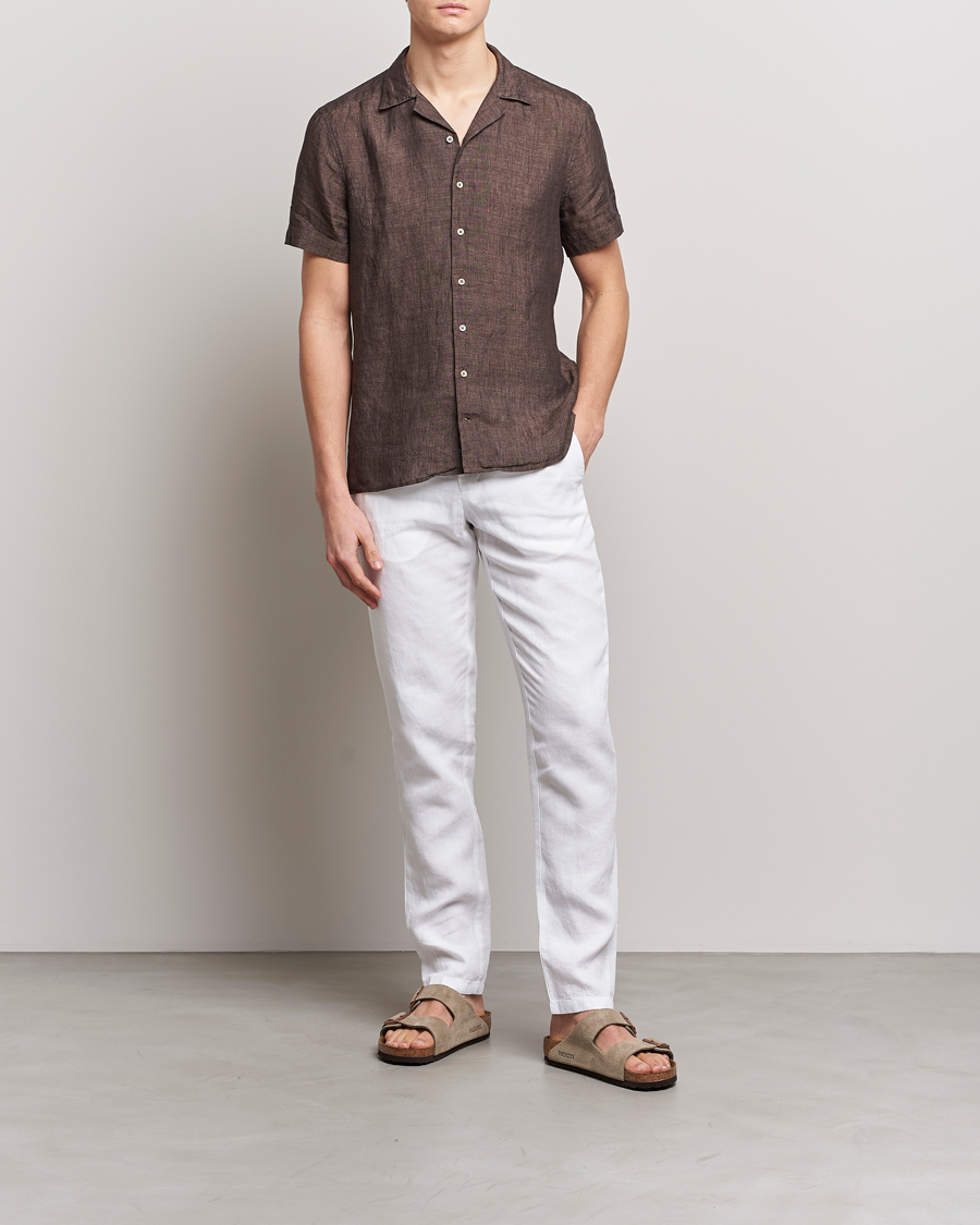 Homme | Chemises | Stenströms | Slimline Short Sleeve Resort Linen Shirt Dark Brown
