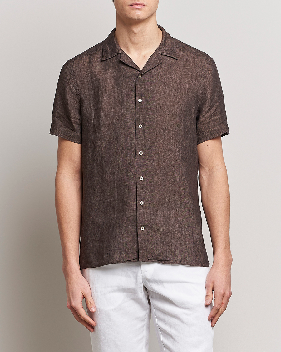 Homme | Chemises | Stenströms | Slimline Short Sleeve Resort Linen Shirt Dark Brown