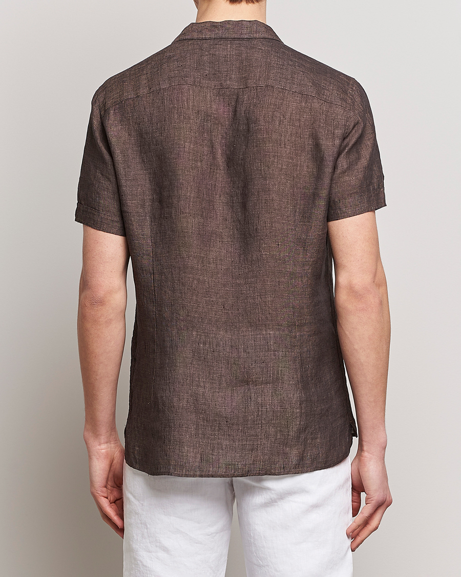 Homme | Chemises | Stenströms | Slimline Short Sleeve Resort Linen Shirt Dark Brown