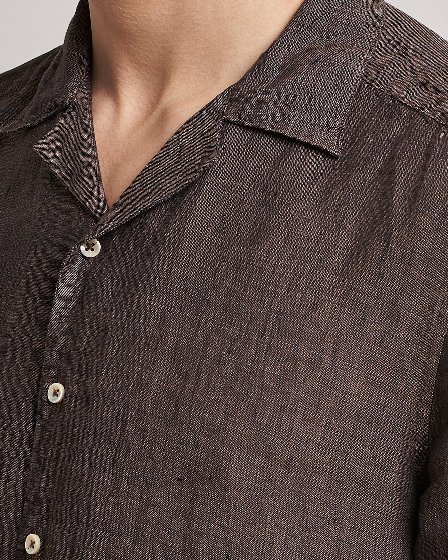 Homme | Chemises | Stenströms | Slimline Short Sleeve Resort Linen Shirt Dark Brown