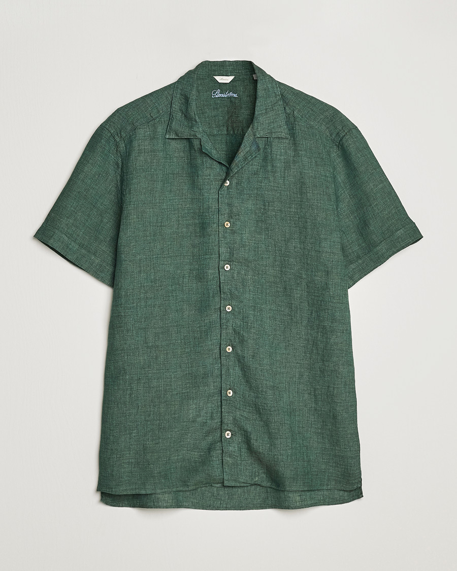 Homme | Chemises | Stenströms | Slimline Short Sleeve Resort Linen Shirt Dark Green