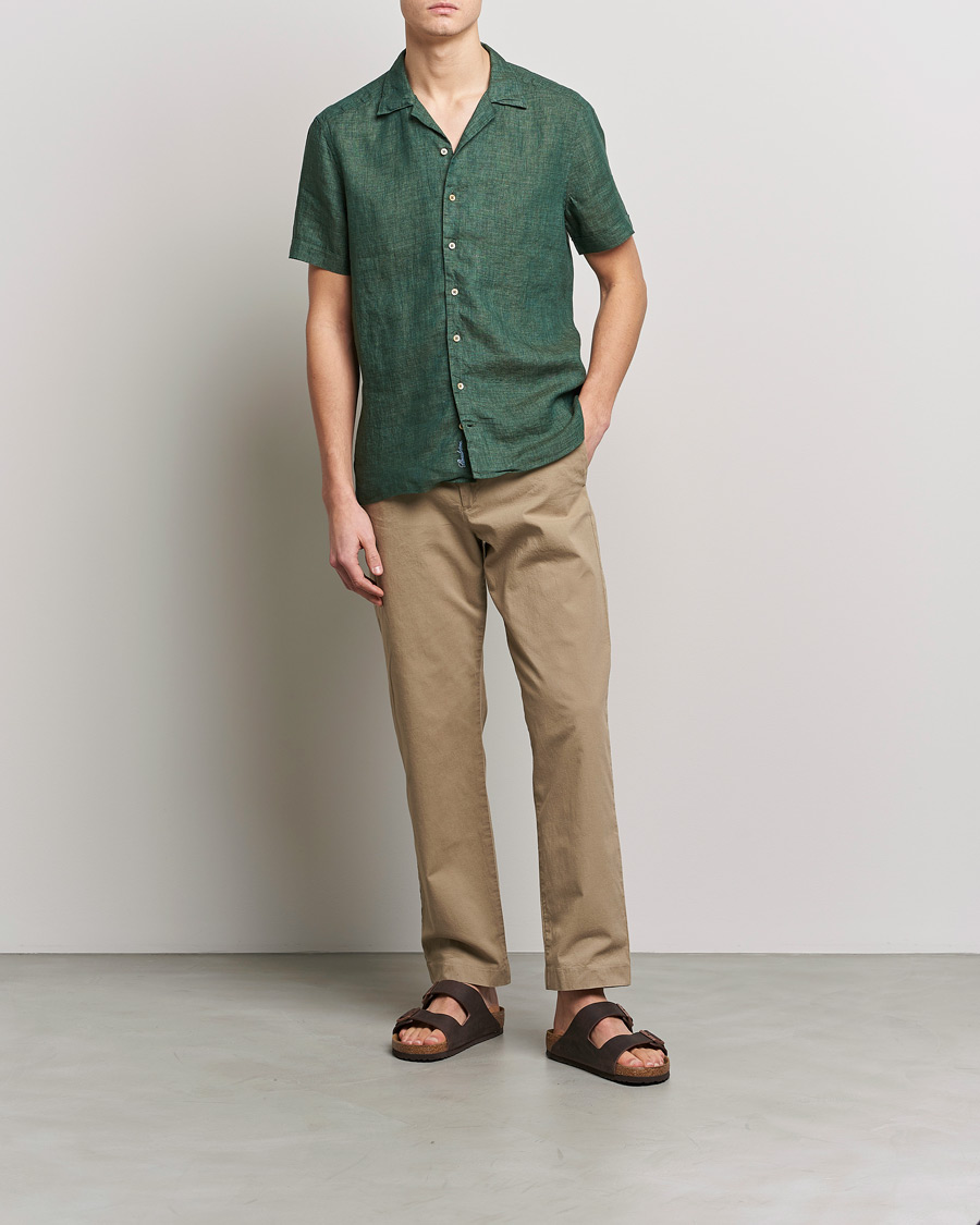 Homme | Chemises | Stenströms | Slimline Short Sleeve Resort Linen Shirt Dark Green