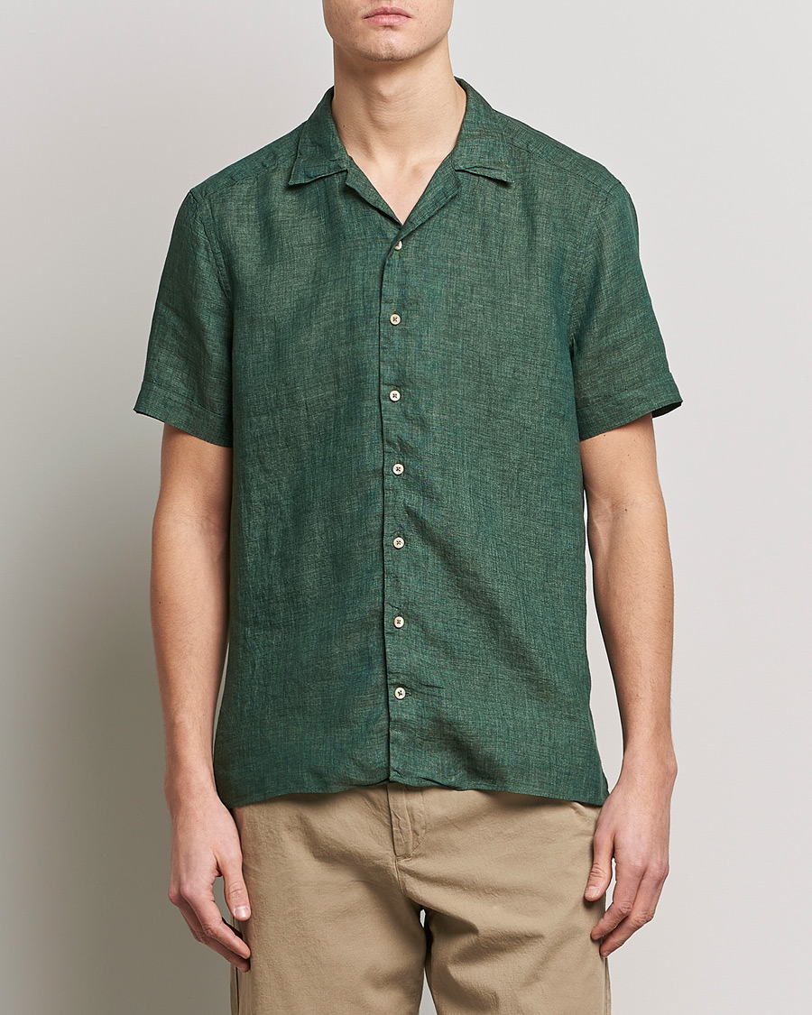 Homme | Chemises | Stenströms | Slimline Short Sleeve Resort Linen Shirt Dark Green