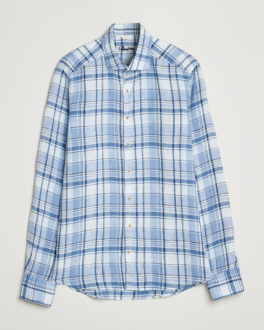 Homme | Chemises | Stenströms | Slimline Cut Away Checked Linen Shirt Blue