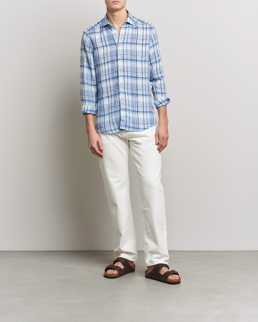 Homme | Chemises | Stenströms | Slimline Cut Away Checked Linen Shirt Blue