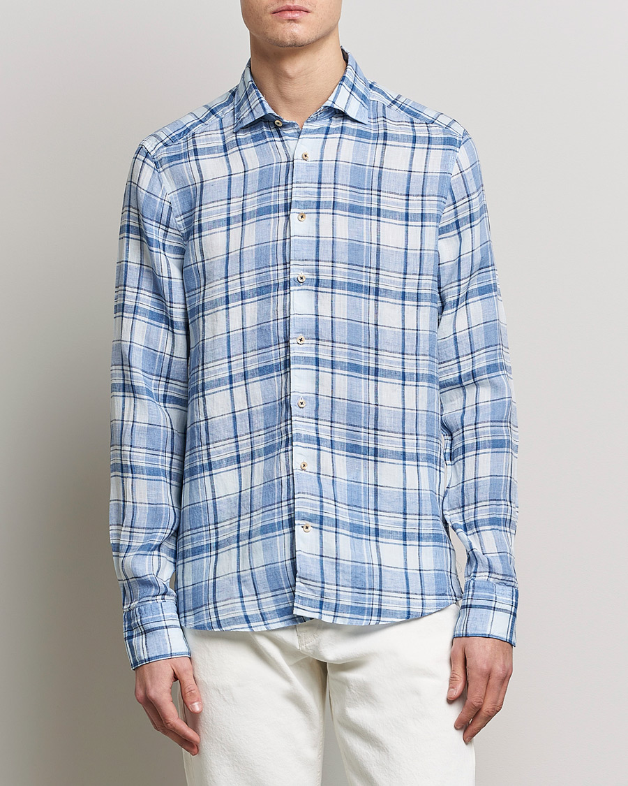 Homme | Chemises | Stenströms | Slimline Cut Away Checked Linen Shirt Blue