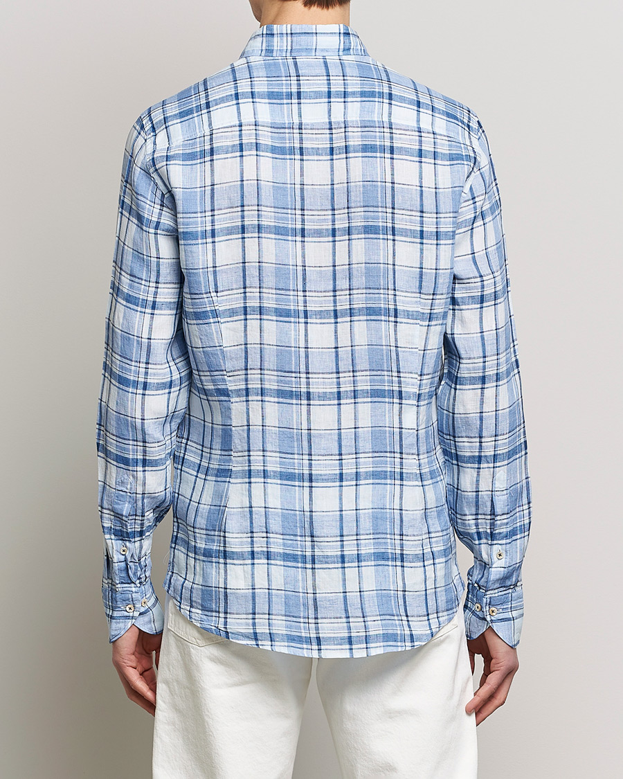 Homme | Chemises | Stenströms | Slimline Cut Away Checked Linen Shirt Blue