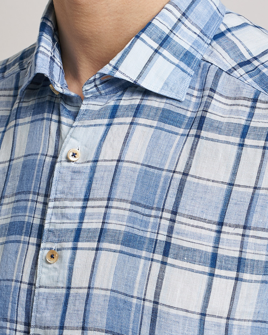 Homme | Chemises | Stenströms | Slimline Cut Away Checked Linen Shirt Blue