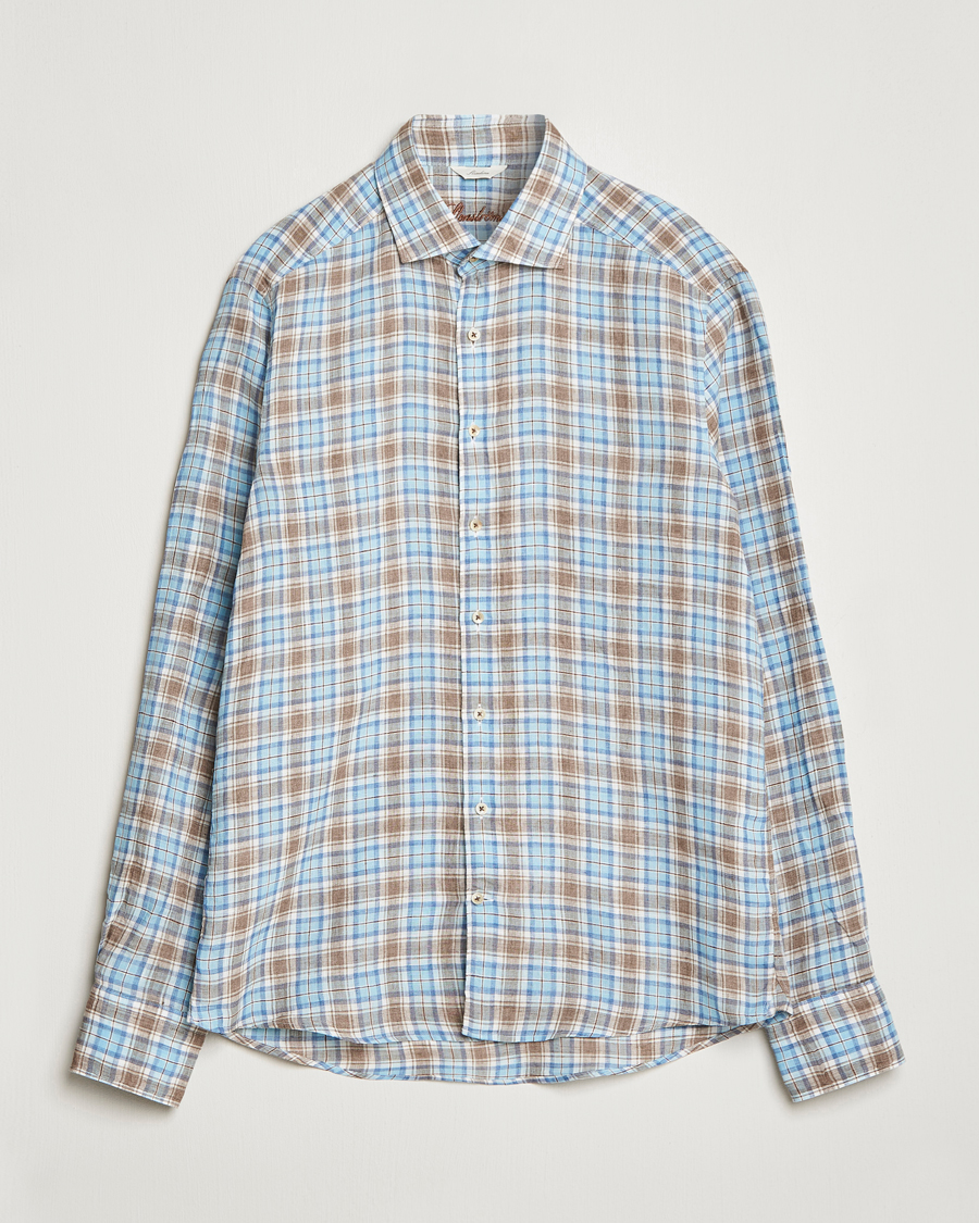 Homme | Chemises | Stenströms | Slimline Cut Away Checked Linen Shirt Blue/Beige