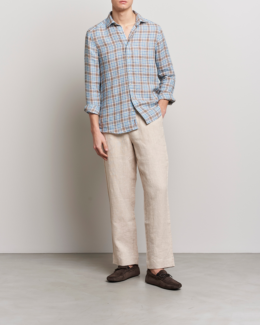 Homme | Chemises | Stenströms | Slimline Cut Away Checked Linen Shirt Blue/Beige