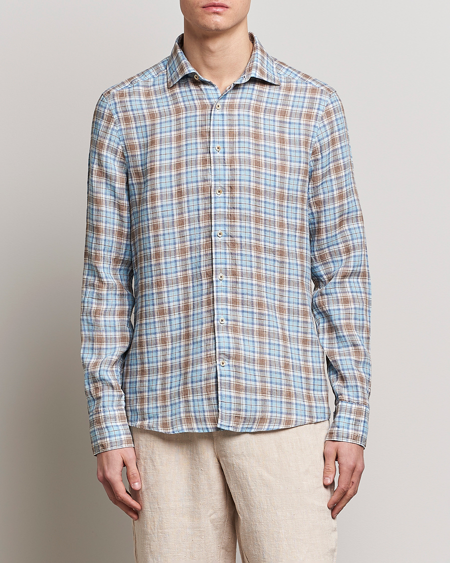 Homme | Chemises | Stenströms | Slimline Cut Away Checked Linen Shirt Blue/Beige