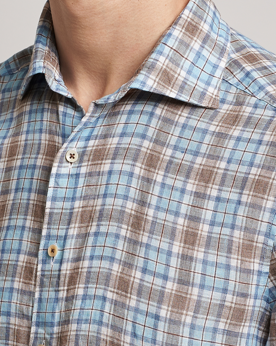 Homme | Chemises | Stenströms | Slimline Cut Away Checked Linen Shirt Blue/Beige
