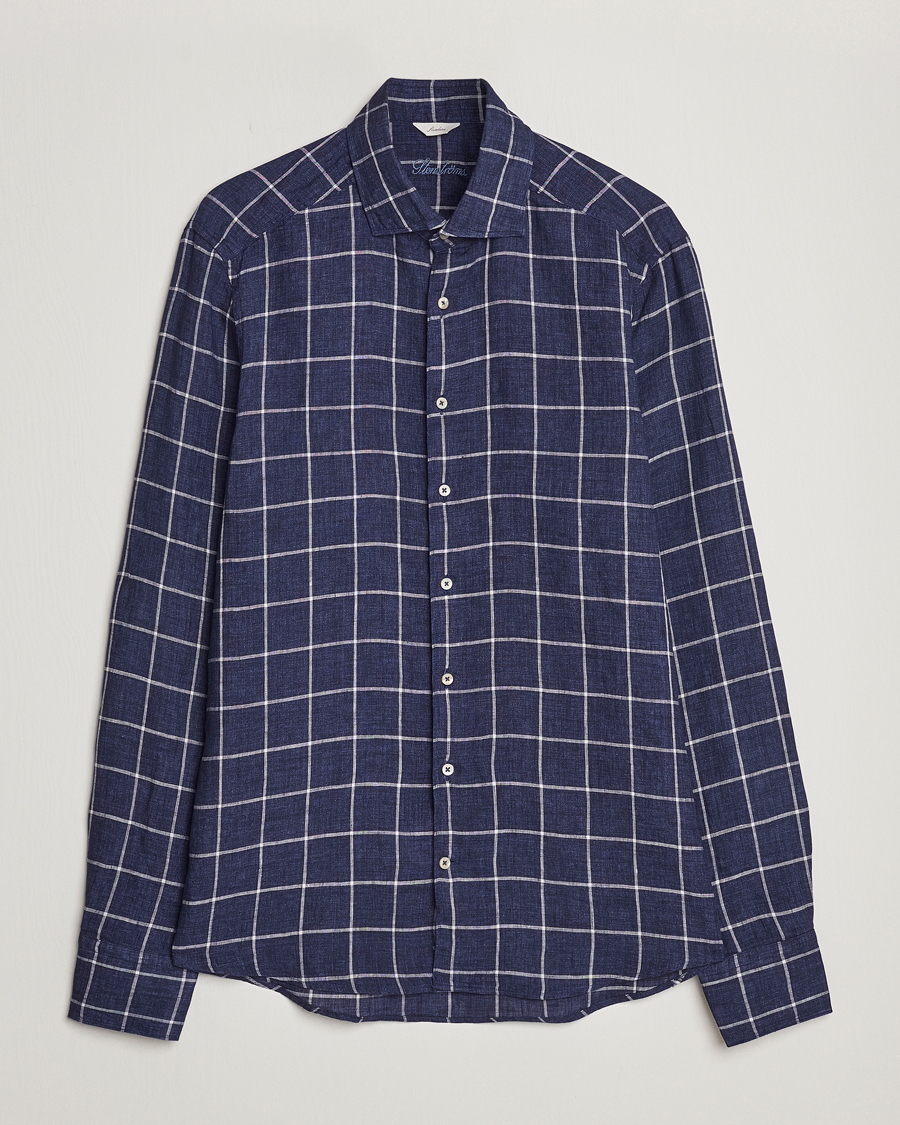 Homme | Chemises | Stenströms | Slimline Cut Away Checked Linen Shirt Dark Blue