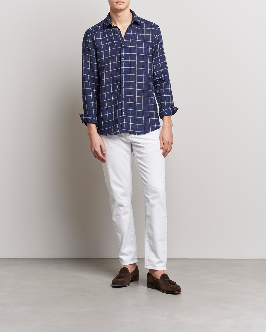 Homme | Chemises | Stenströms | Slimline Cut Away Checked Linen Shirt Dark Blue