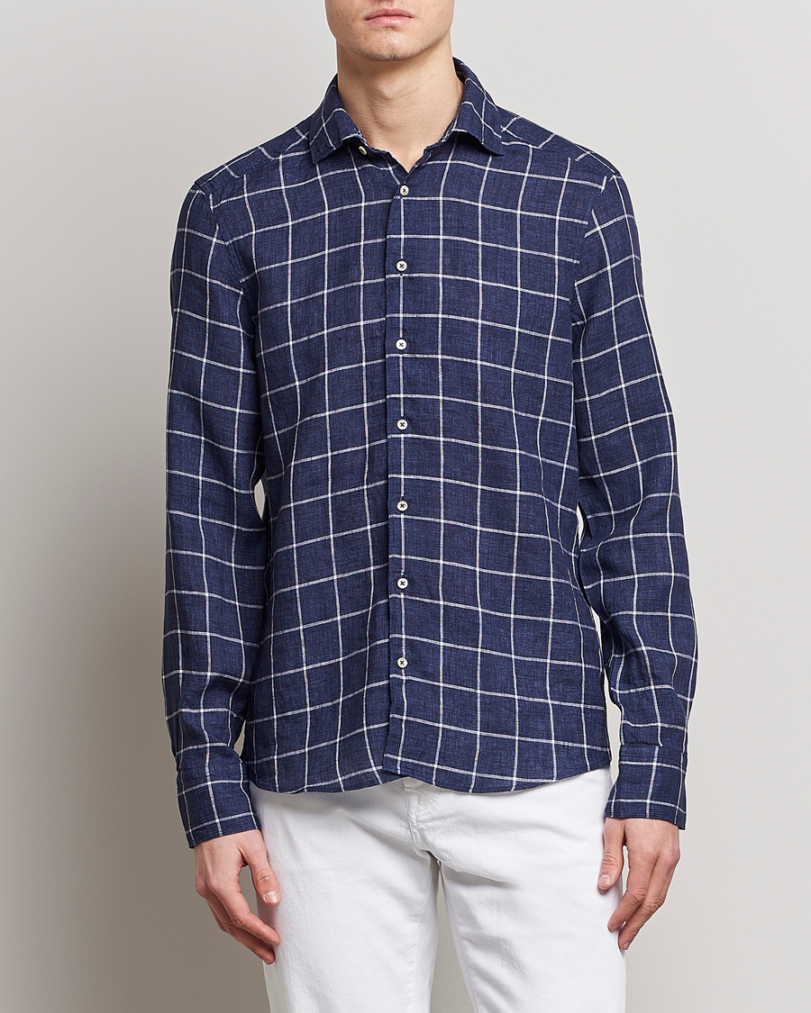 Homme | Chemises | Stenströms | Slimline Cut Away Checked Linen Shirt Dark Blue