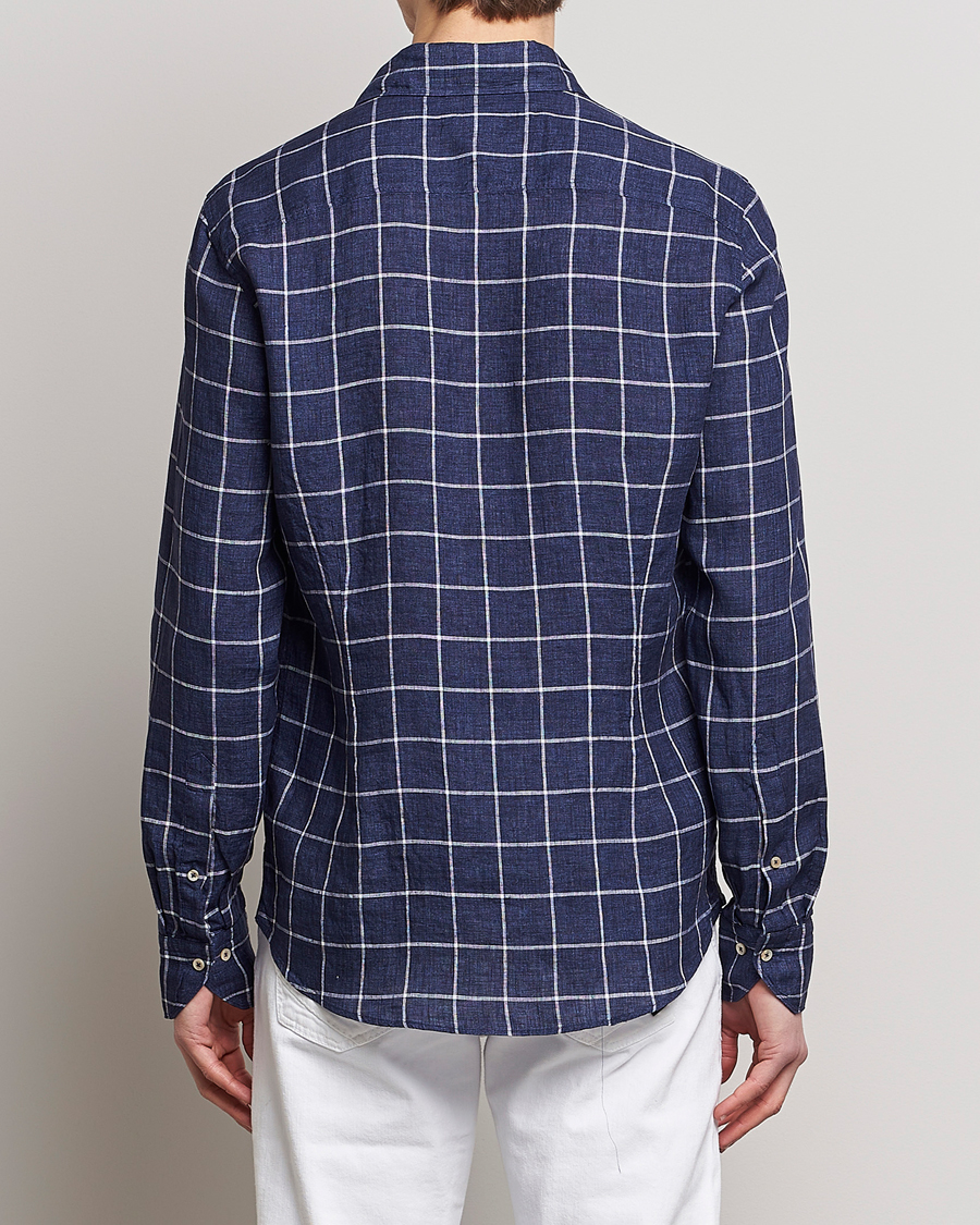 Homme | Chemises | Stenströms | Slimline Cut Away Checked Linen Shirt Dark Blue