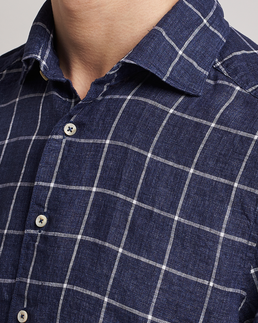 Homme | Chemises | Stenströms | Slimline Cut Away Checked Linen Shirt Dark Blue