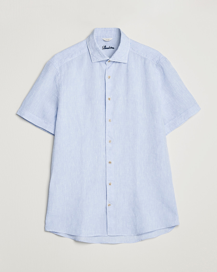 Homme | Chemises | Stenströms | Slimline Cut Away Short Sleeve Linen Shirt Light Blue