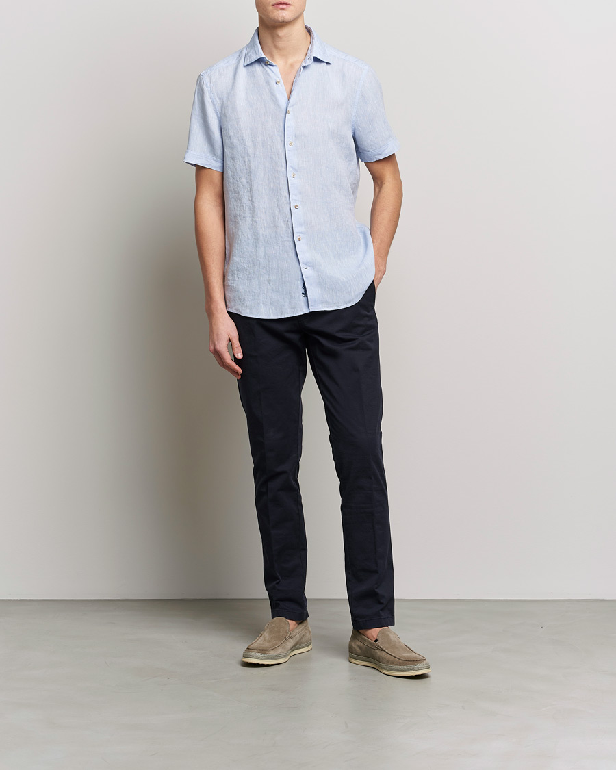 Homme | Chemises | Stenströms | Slimline Cut Away Short Sleeve Linen Shirt Light Blue