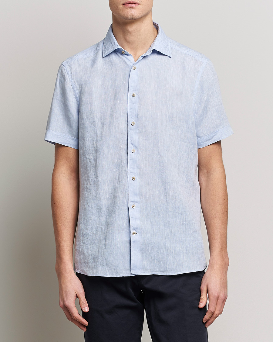 Homme | Chemises | Stenströms | Slimline Cut Away Short Sleeve Linen Shirt Light Blue