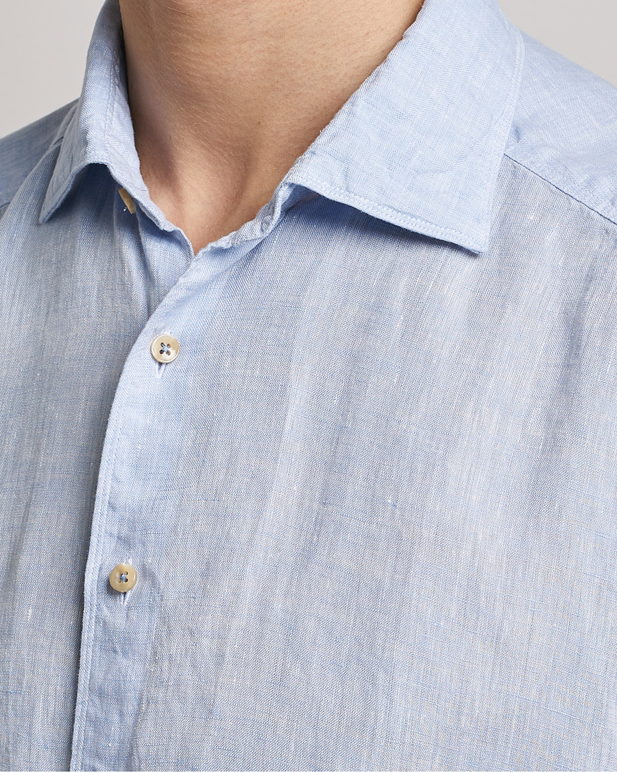 Homme | Chemises | Stenströms | Slimline Cut Away Short Sleeve Linen Shirt Light Blue