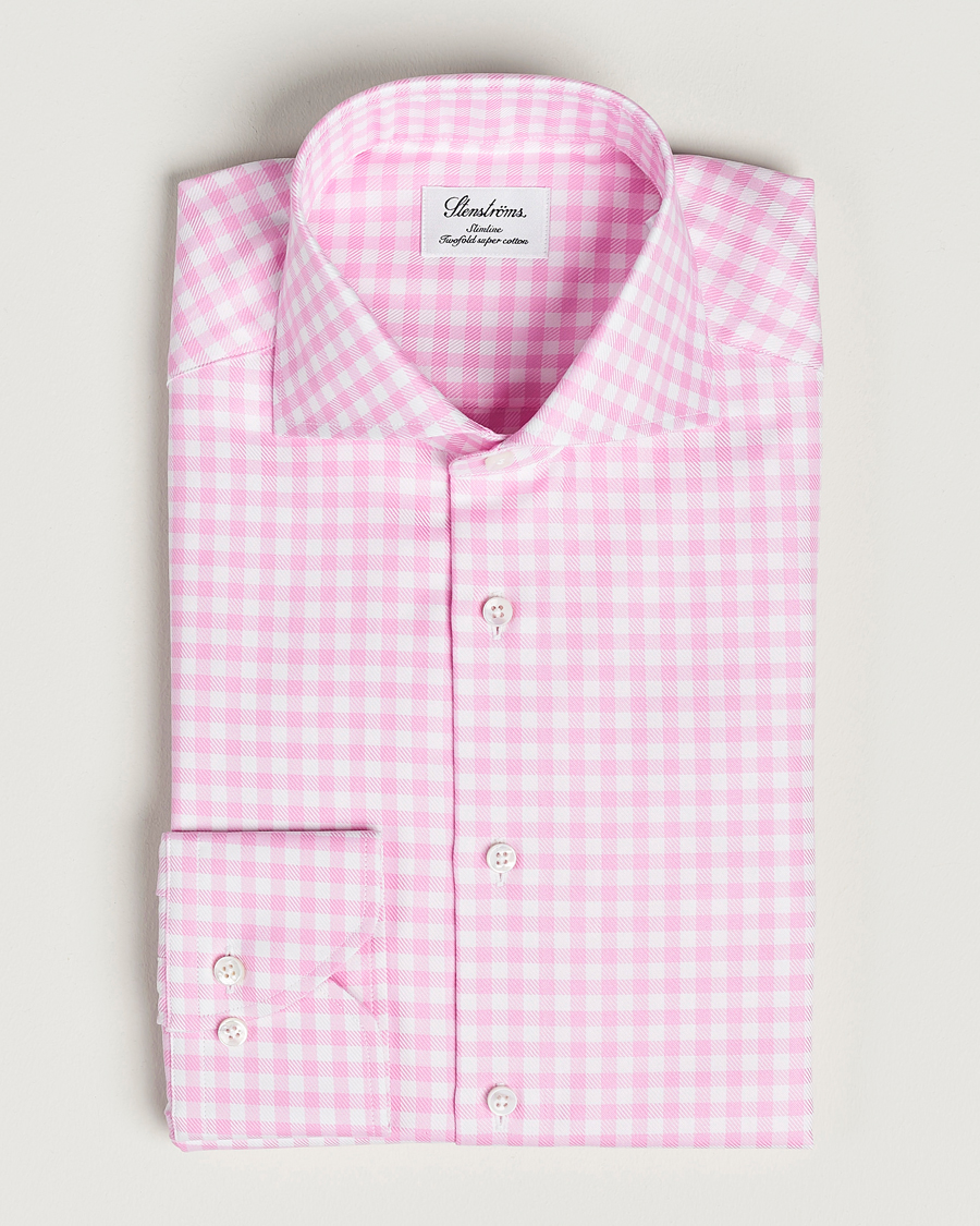 Homme | Chemises | Stenströms | Slimline Checked Cut Away Shirt Pink