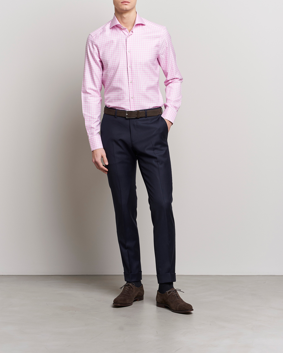 Homme | Chemises | Stenströms | Slimline Checked Cut Away Shirt Pink