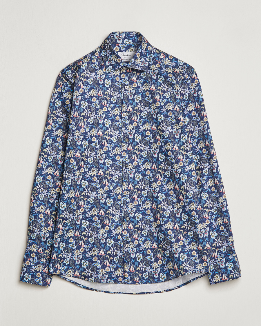 Homme | Chemises | Stenströms | Slimline Cut Away Flower Print Shirt Blue