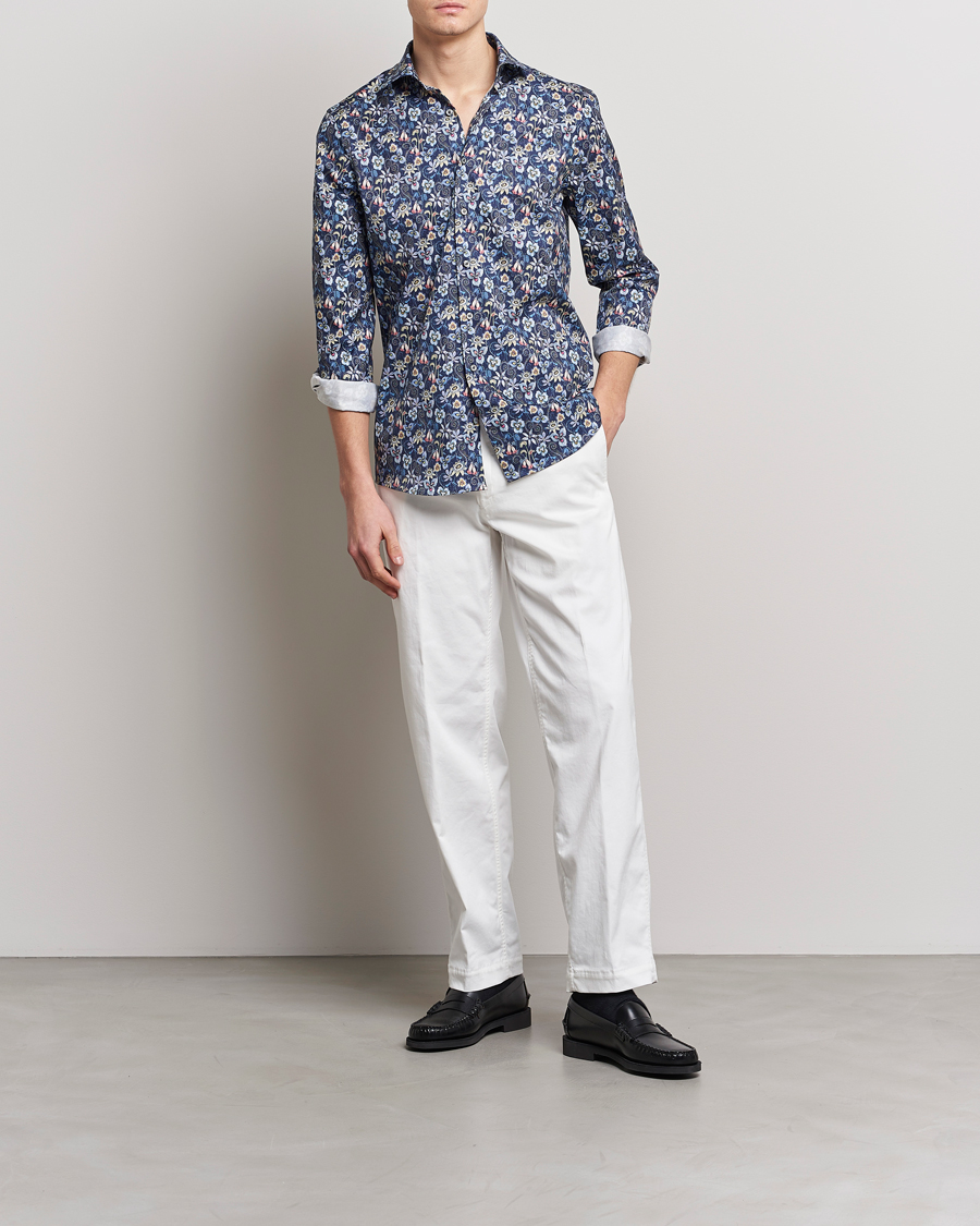 Homme | Chemises | Stenströms | Slimline Cut Away Flower Print Shirt Blue
