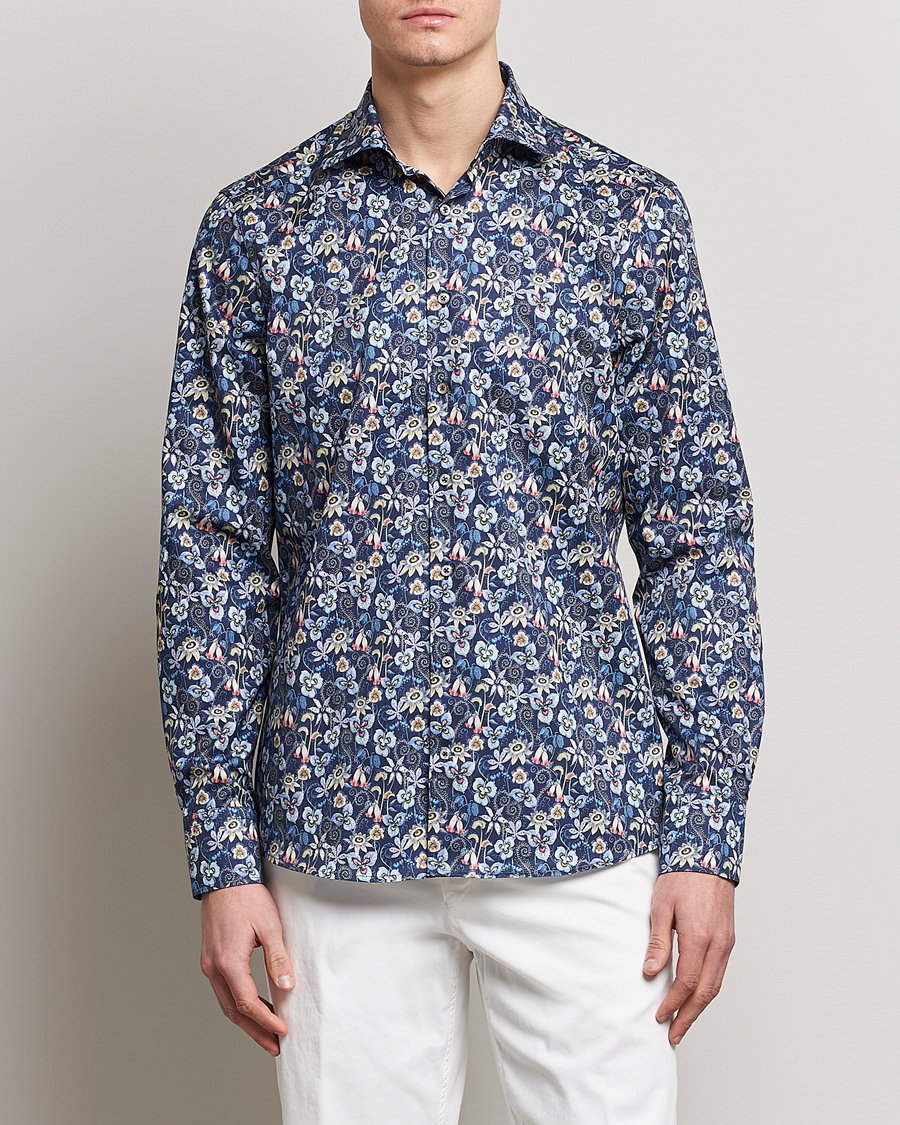 Homme | Chemises | Stenströms | Slimline Cut Away Flower Print Shirt Blue