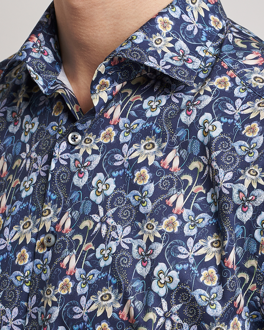 Homme | Chemises | Stenströms | Slimline Cut Away Flower Print Shirt Blue