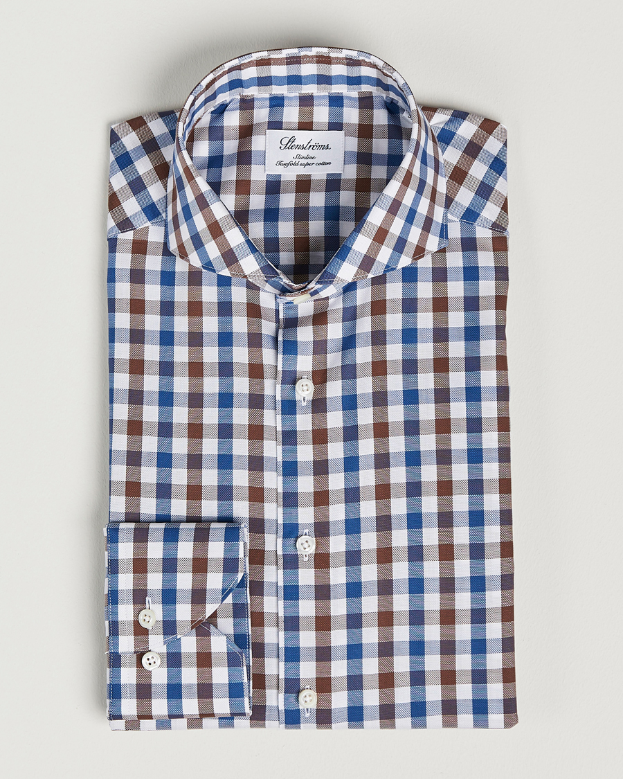 Homme | Chemises | Stenströms | Slimline Cut Away Gingham Shirt Brown/Blue