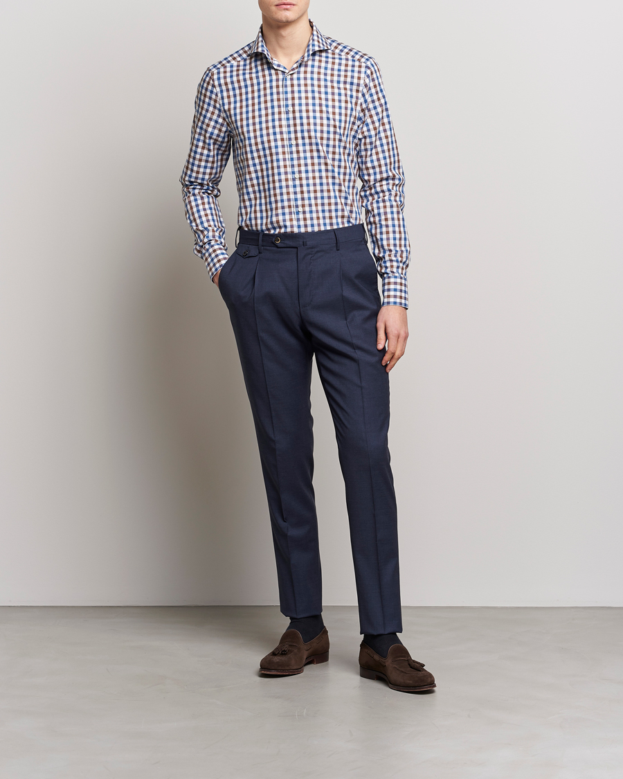 Homme | Chemises | Stenströms | Slimline Cut Away Gingham Shirt Brown/Blue