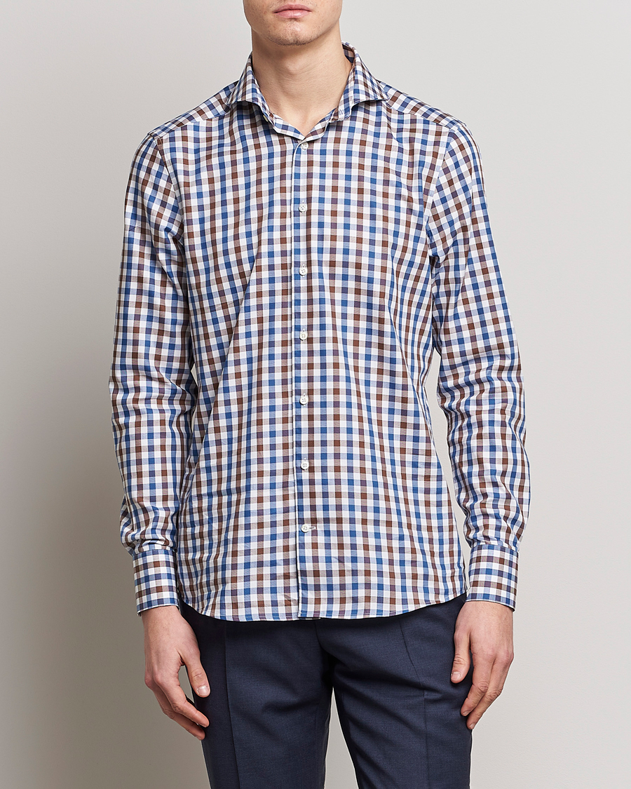 Homme | Chemises | Stenströms | Slimline Cut Away Gingham Shirt Brown/Blue