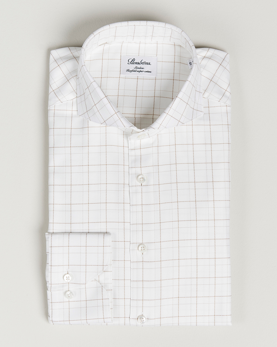 Homme | Chemises | Stenströms | Slimline Cut Away Windowpane Shirt White/Beige
