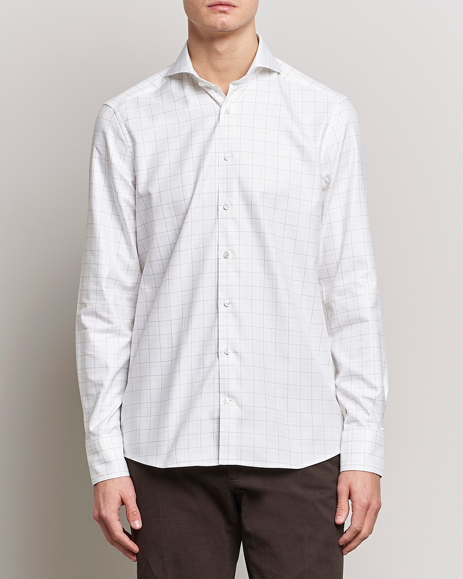Homme | Chemises | Stenströms | Slimline Cut Away Windowpane Shirt White/Beige