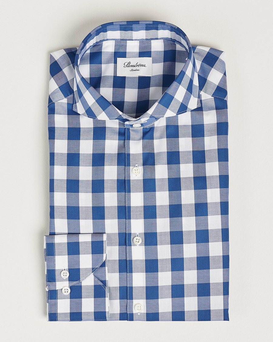 Homme | Chemises | Stenströms | Slimline Cut Away Large Gingham Shirt Blue